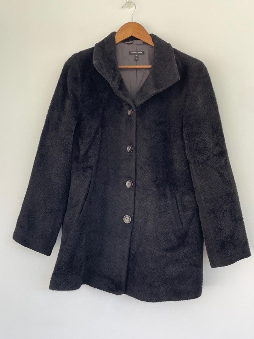 Eileen Fisher Women Black Plush Faux-Fur Button Jacket Small